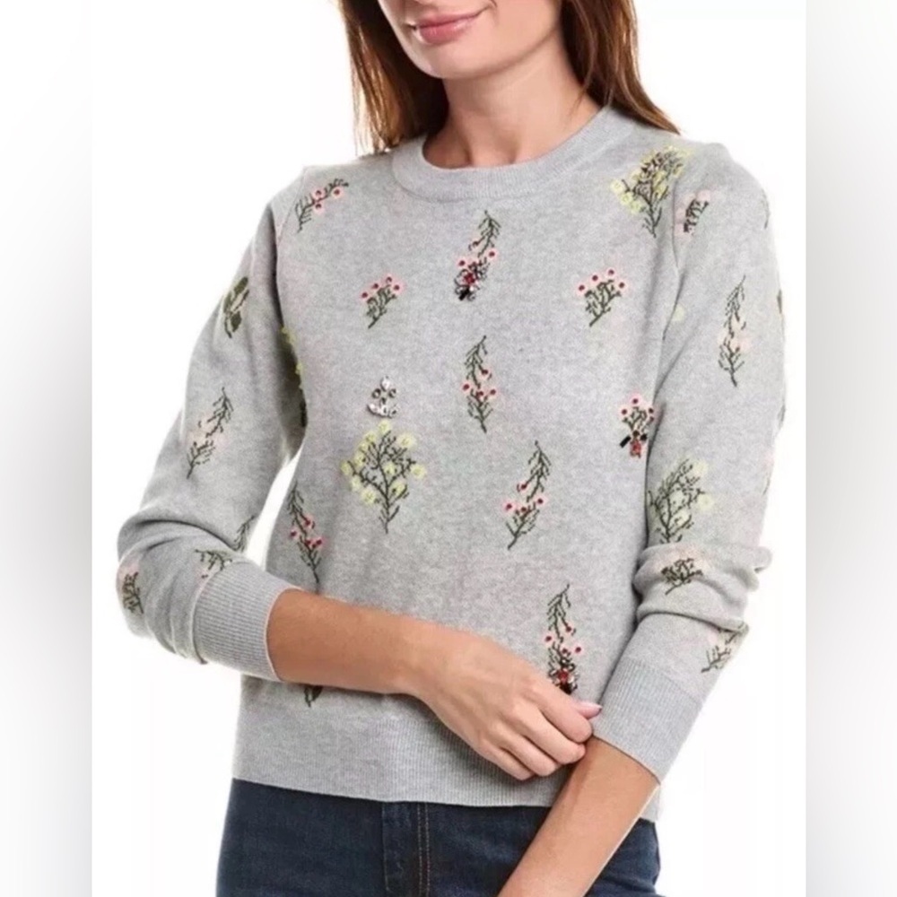 Nanette Lepore Gray Floral Embroidered Crewneck Sweater